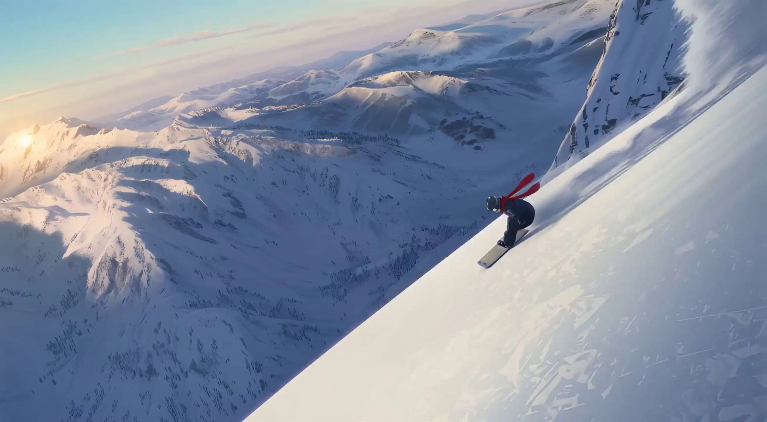 Snowboarder carving through an alpine slope, visualizing motion for the Flux 3 AI Video Generator